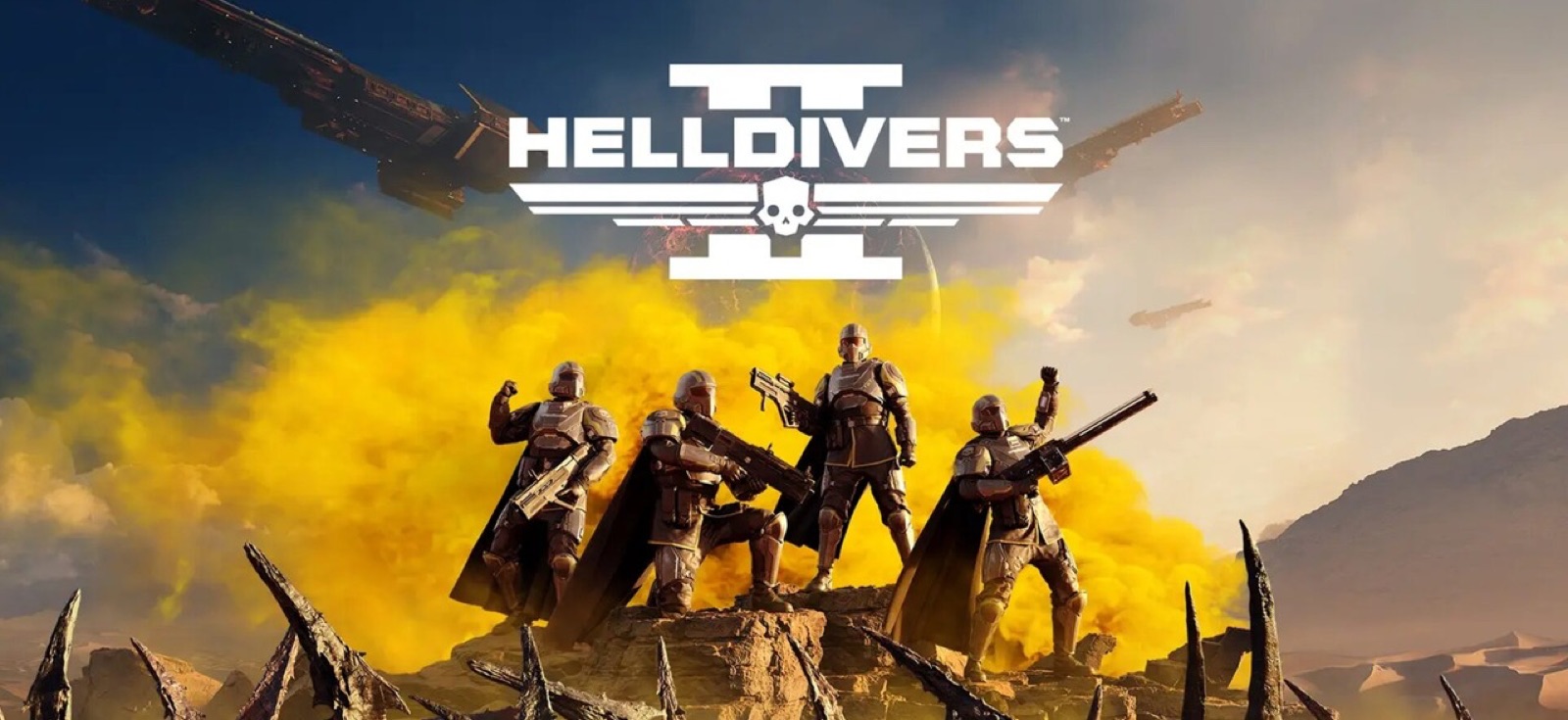 Helldivers 2 key art — Helldivers in yellow smoke beneath the game logo